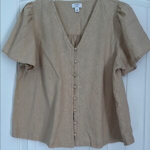 Crown & Ivy Tan Linen Puff Sleeve Blouse